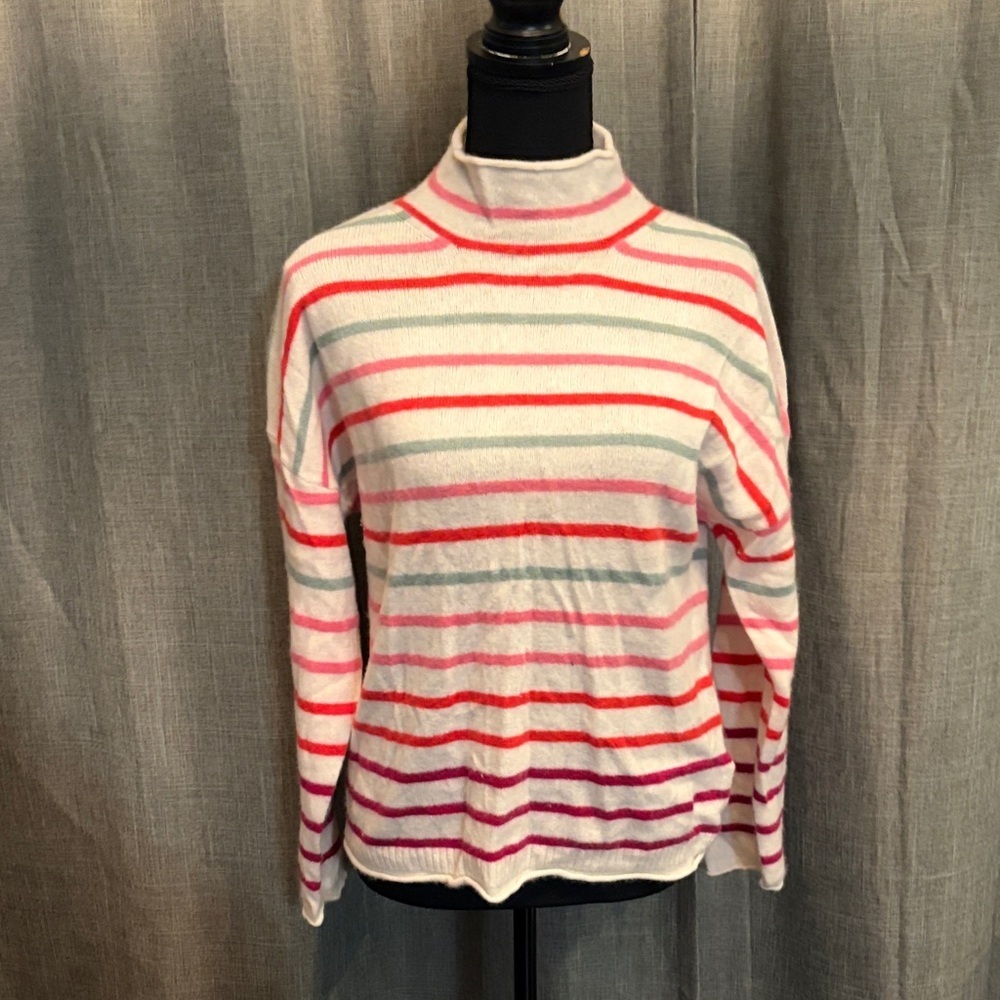 J. Crew White Cashmere Stripe Sweater with Pink and Red Accents
